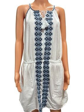 White & Navy Embroidered Sleeveless Summer Dress